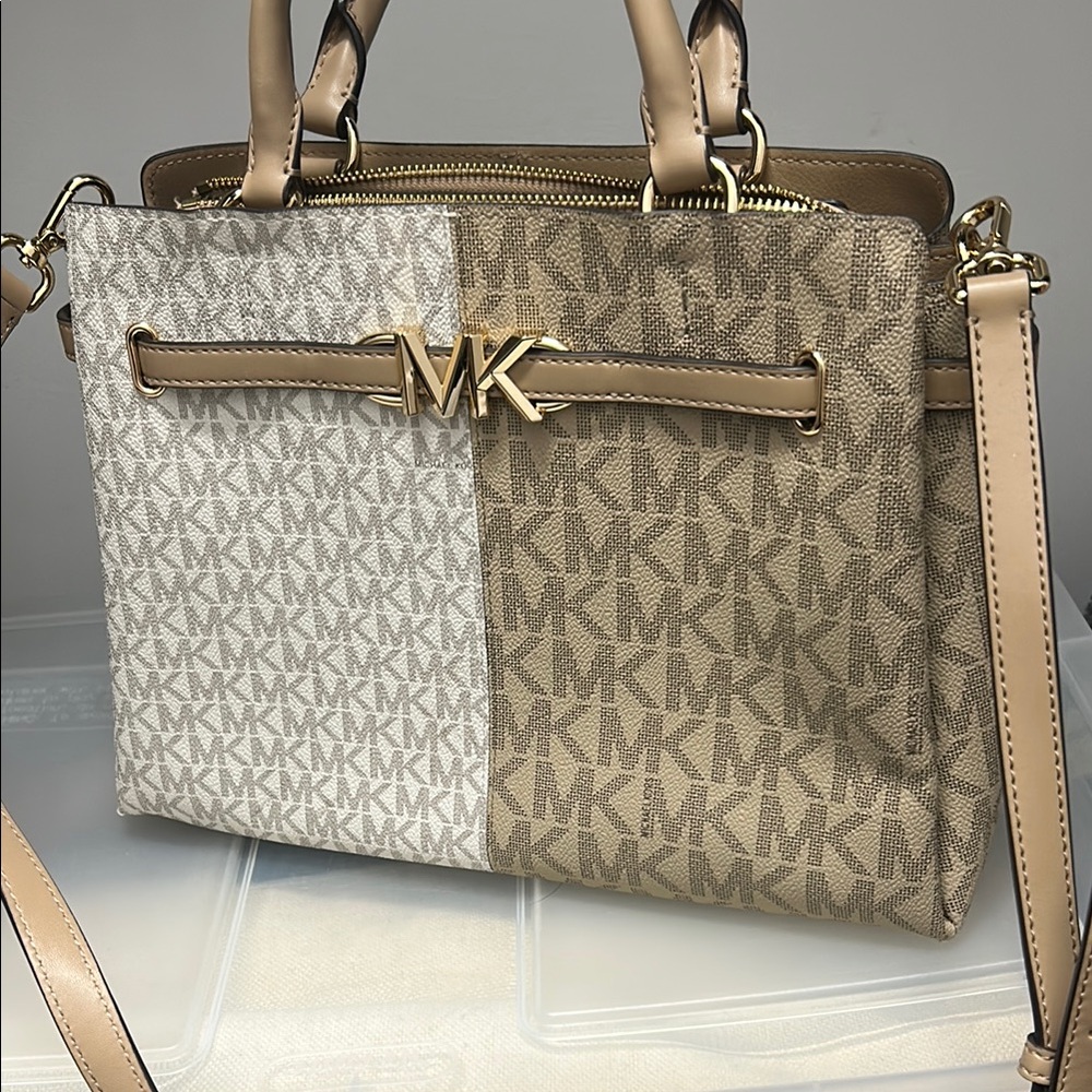 Michael Kors Collection Tan and Cream Satchel with Monogram Design